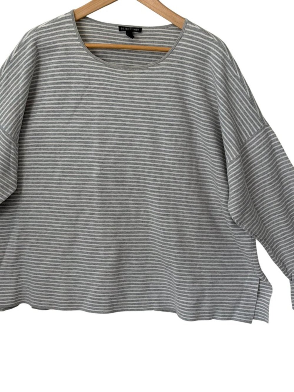 Eileen Fisher Fine Organic Cotton Silk Round Neck Striped Boxy Pullover Gray XL